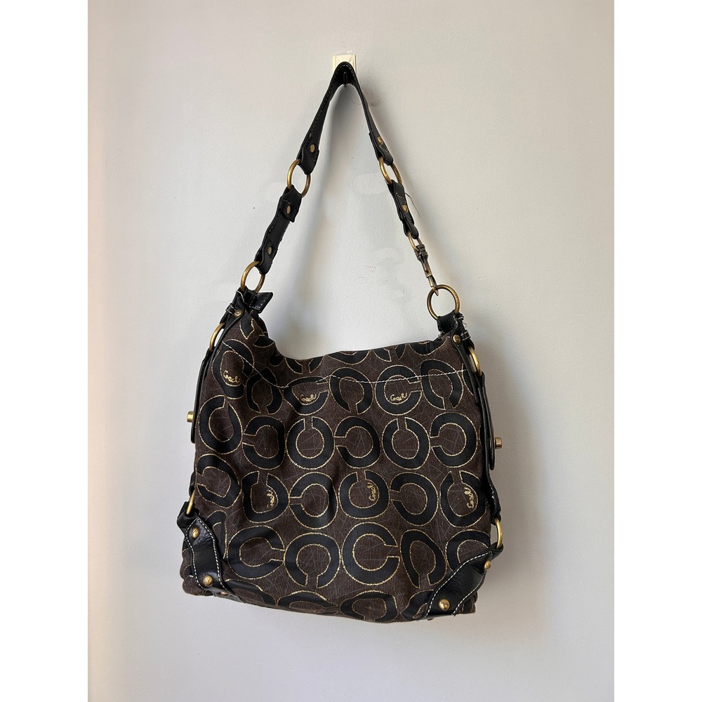 Coach Optic C Signature Hobo Bag Brown Gold Lurex Metallic Leather 10619